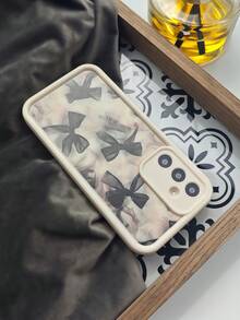 1pc Black Bowknot Print Phone Case With Ink Wash Gradient Background, White Leather Frame Shockproof Soft TPU Protective Cover, Compatible With GALAXY, HONOR, Phones - White - View 3