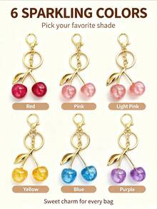1pc Glitter Resin Cherry Bag Charm, Sweet Fruit Keychain With Lobster Clasp, Fashion Handbag Pendant Key Ring Accessory, Gift For Women And Girls - Cherry - View 5