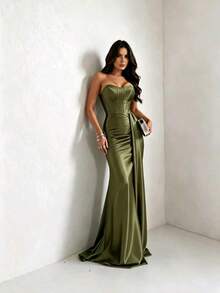 Satin Dress For Parties And Special Occasions, Strapless, Elegant - Olive Green - View 2