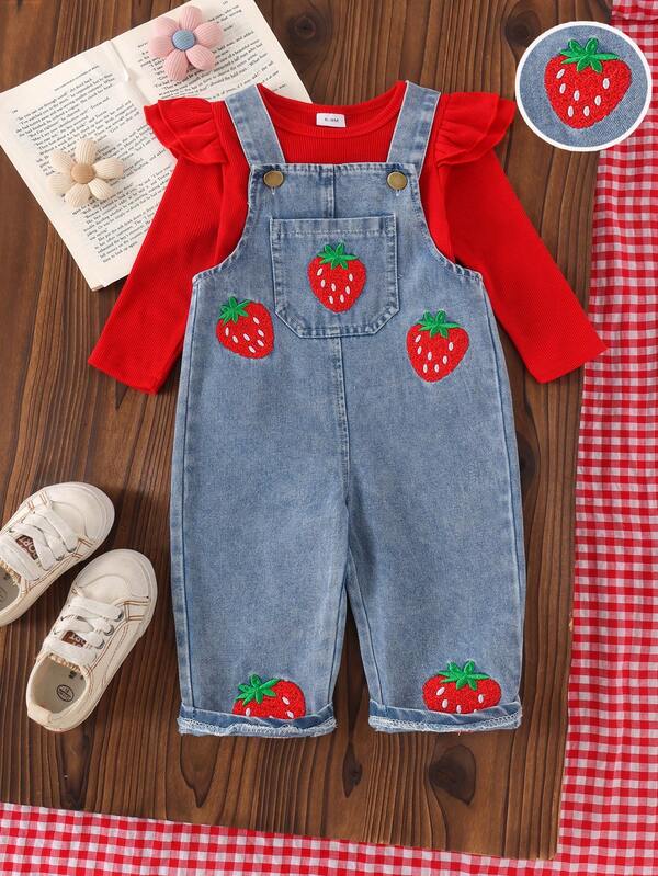 2pcs Baby Girl Casual Red Ribbed Long Sleeve Top & Strawberry Embroidered Denim Overalls Set, Thin Spring/Autumn School Style
