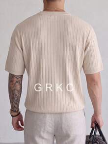 GRKC Men's Henley Collar Short Sleeve Knit Fabric Slim Fit Commuter Style Vertical Ribbed Solid Color Knit Top Spring/Summer - Apricot - View 5