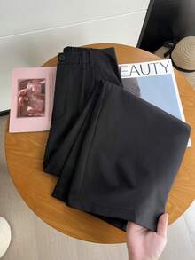 Celana Panjang Wanita Elegan Model Lurus, dengan Detail Kancing dan Resleting, Celana Panjang Modis Tanpa Elastis - Hitam - View 4