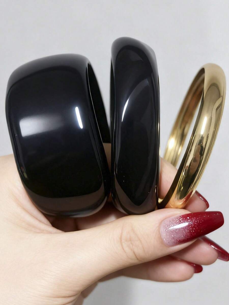 3pcs Black Asymmetrical Elegant Geometric Bracelet Set, Casual Daily Wear - Black - View 1