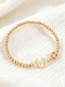1Pc A-Z Letter Beaded Stretch Bracelet, Rhinestone Ball Charm Alphabet Elastic Bracelet, Personalized Stackable Bead Hand Jewelry For Girls Daily Gift - Multicolor - View 29