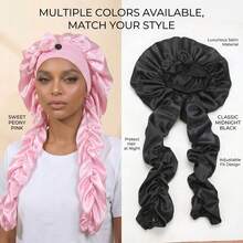 Awegeo 1pc Women's Satin Bow Long Braid Sleep Cap, Adjustable Snap Button Sleep Cap, Suitable For Curly Hair, Silky Anti-Static Night Hairband, Sleep Hair Care Cap - Multicolor - View 7