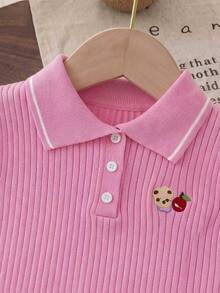 返校季女款學院風純色刺繡 Polo 領針織薄款鈕扣開襟背心，3 件隨機發送 1 件，適合日常休閒，春夏秋季穿著 - 粉色 - 查看 11