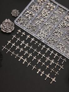 24-Grid Box/120pcs Bulk Mixed Vintage Rhinestone Cross Metal Nail Art Charms, Punk Style Silver Cross 3D Nail Decor Accessories DIY Rhinestone Decoration Set - Multicolor - View 7