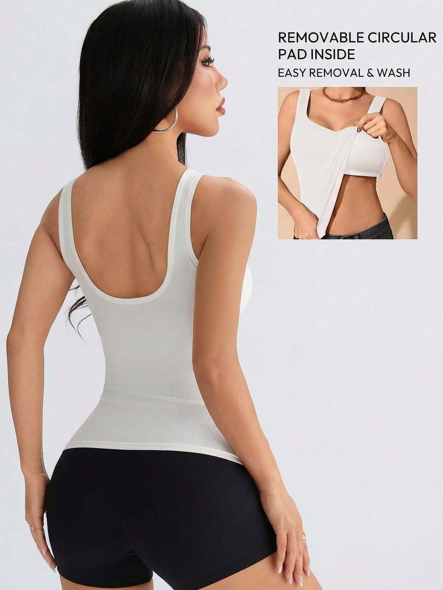 1pc All-Season Women's Ribbed Tank Top With Large U-Back, 2-In-1 Built-In Chest Pads, Slim Fit, Inner Wear, Outer Wear, Home Casual, Solid Color Base Layer - White - View 1