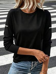 女款網眼透氣長袖修身彈性戶外防曬運動跑步套裝，春夏穿著，百搭舒適 - 黑色 - 查看 2