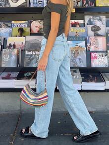 Celana Jeans Wanita Kasual Model Lurus, Desain Detail Kancing dan Resleting, Warna Cerah, Tidak Melar, Cocok untuk Dipakai di Musim Semi dan Musim Panas. - Light Wash - View 3