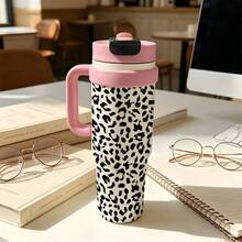 1PC 1000ML Creative Leopard Print, Black Leopard Print, Fashion Leopard Pattern Stainless Steel Insulated Cup, Double Drink Coffee Cup, Portable Straw Cup, Stylish , Suitable For Office/Home, Gift For Family/Friends, Coffee/Milk/Tea - Multicolor - View 2