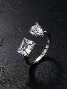 MONALLY Luxury Adjustable Two Stone Open Ring For Women, Princess Pear Cut Cubic Zirconia Wedding Engagement Statement Ring Fine Jewelry - Open Ring - View 2
