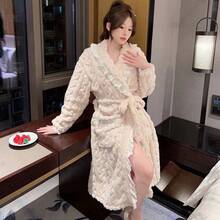 Lace Trim Robe, Tie Waist Bathrobe, Comfortable Coral Fleece Material, Soft Plush Long Robe, Thick Kimono Robe, Warm Loungewear Jacket, Sexy Lace Trim Robe - Multicolor - View 7