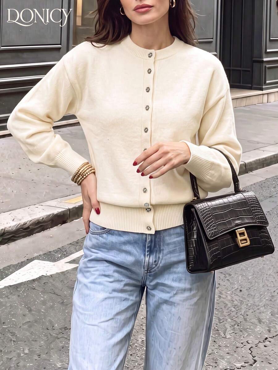 DONICY Women's Cream Crew Neck Single Button Lantern Sleeve Cropped Knit Sweater Cardigan, Soft Layering Sweater Top For Spring Fall Daily Wear - Apricot - View 1