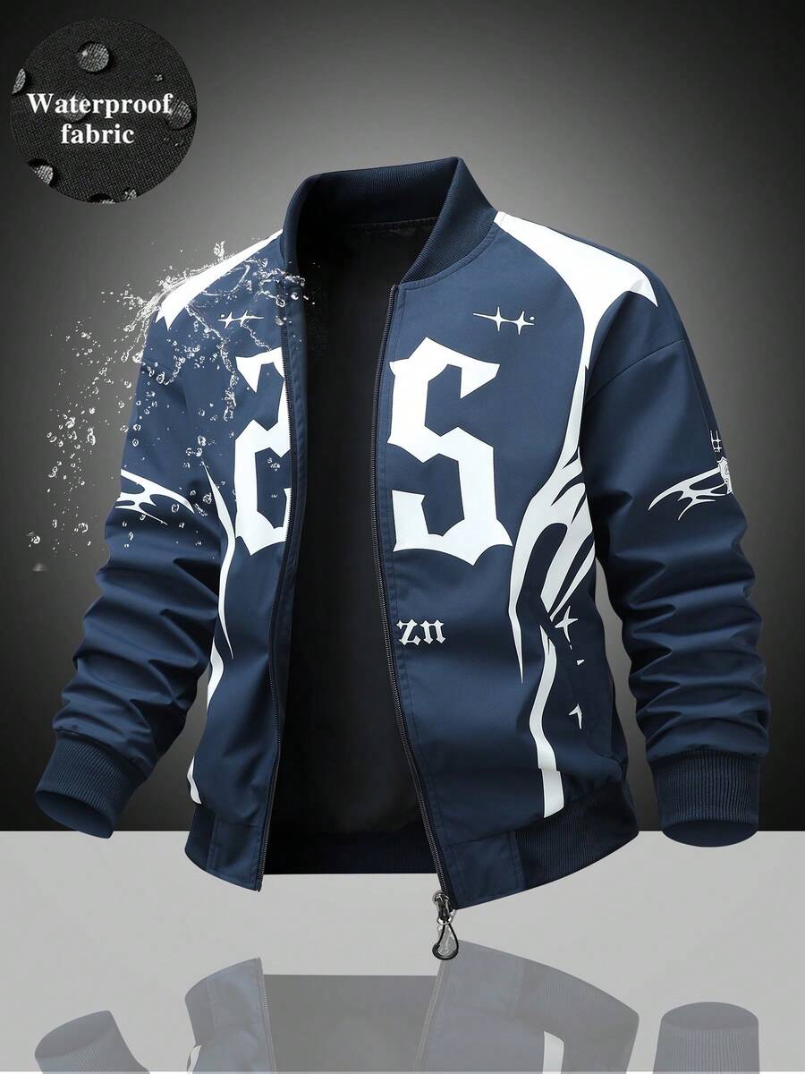 Men's Baseball Collar Zip-Up Jacket, Spring/Autumn Transitional Long Sleeve Outerwear, Versatile Functional Style For Jogging, Shopping, Hiking And Travel - Blue - View 1