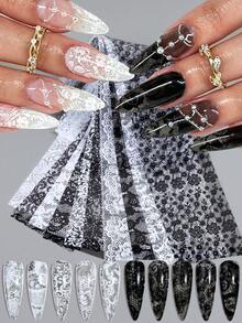 Bộ 10 miếng giấy chuyển họa tiết nail đen trắng - họa tiết ren vintage, hoa và ô kẻ; trang trí móng tay mùa đông lễ hội dễ thương, phù hợp cho DIY và sử dụng tại salon - Nhiều màu - Xem 4