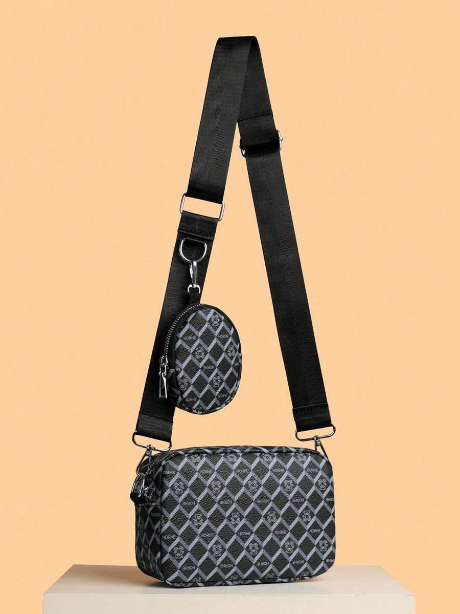 2pcs/Set Men's Mini Crossbody Bag Small Key Pouch Printed Camera Bag PU Leather Vintage Shoulder Bag - Black and White - View 1