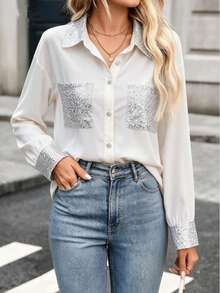 Women's Autumn Fashion White Sequin Patch Pocket Long Sleeve Button-Up Shirt Collar Polyester Blouse, Dropped Shoulder Design, Showcasing Fashionable Style - White - View 3