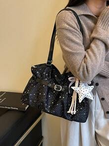 New Casual Solid Color Oxford Cloth Tote Bag, Star Pattern, Pleated Fabric Women Shoulder Bag - Black - View 5