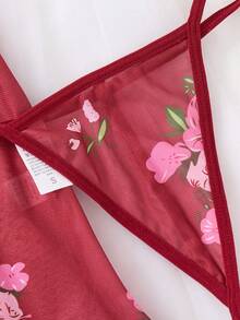 2pcs Sexy Lingerie Sleepwear Set, Includes Matching Thong, Exquisite Ruffle Hem, Vibrant Floral Pattern - Burgundy - View 6