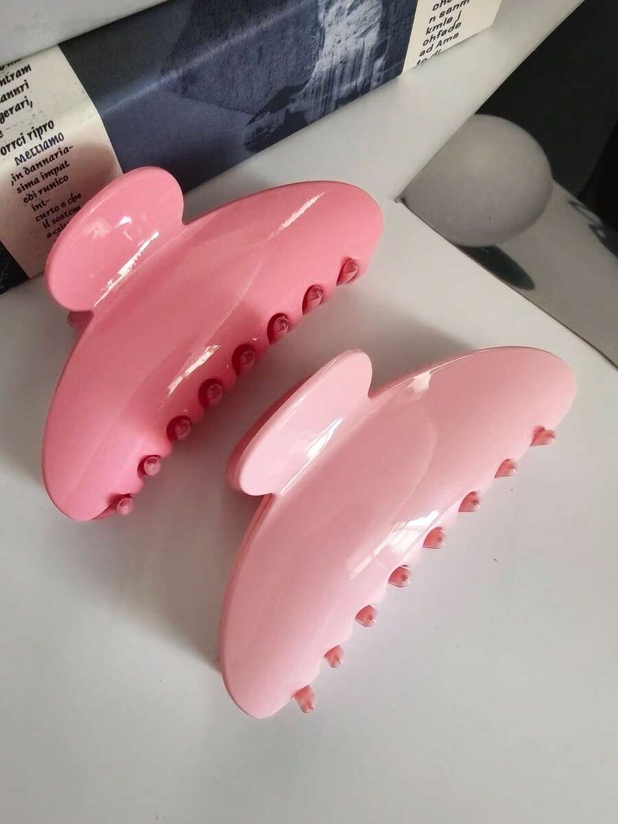 2pcs Pink Glossy Acrylic Half-Round Hair Claw Clips, High Crown Back-Of-Head Updo Half-Up Hair Claw, Korean Gentle Style Elegant Sweet Girly Spring Romantic Versatile Hair Accessories For Travel, Outings And Picnic - Multicolor - View 1