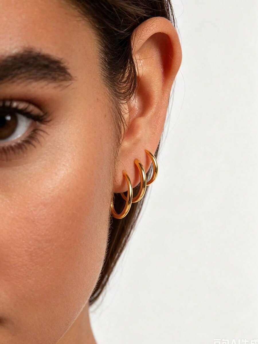 1 Set Classic Minimalist Style Stainless Steel Hoop Earrings With Basic Coil Design For Women, Suitable For Daily Wear/Office Commute - Yellow Gold - View 1