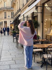 Senya Novo Suéter de Tricô de Manga Longa com Gola Redonda Rosa Romântico para Outono/Inverno para Mulheres, Suéter Pulôver Ultra Solto da Moda para o Dia dos Namorados - Rosa chiclete - Visão 5