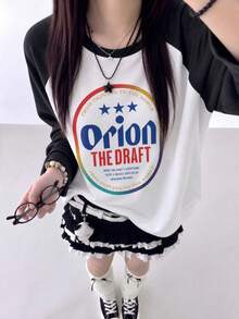 秋冬新款 Y2K「Orion」啤酒印花女款休閒日常落肩長袖圓領 T-shirt，韓風上衣 - 白色 - 查看 4