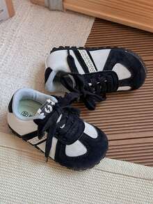 Kids Colorblock Patchwork Lace-Up Casual Flat Shoes, Vintage Daily Sneakers For Boys And Girls - Black - View 5