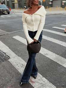 Women's One-Shoulder Notched Lapel Zipper Knit Sweater With Set-In Sleeves Long Sleeve Short Cardigan Casual Commute Leisure Outfit, Fall Winter - White - View 5