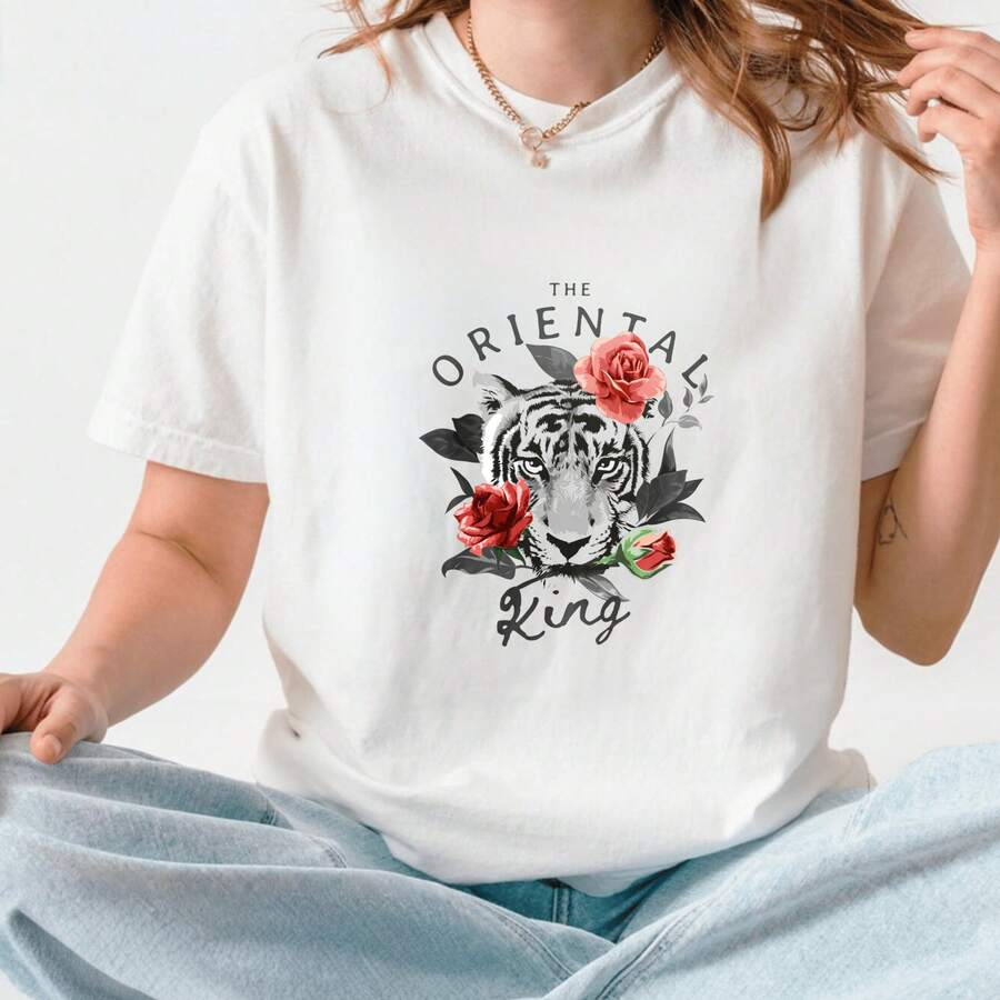 Casual Vintage Style, Women's T-Shirt, Oriental King Tiger And Rose Graphic Print, Summer Daily Wear, Gift For Girlfriend Or Best Friend - White - View 1