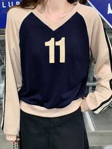 Sweatshirt Kasual Minimalis Digital Print Leher V Bergaya Remaja dengan Blok Warna - Navy Blue - View 2