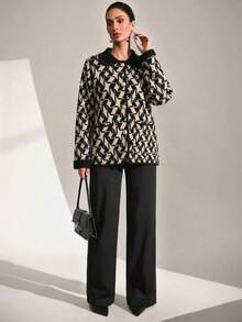 Cardigan Rajut Motif Houndstooth Hitam Putih, Kerah dan Manset Kontras, Kancing Depan, Potongan Longgar, Lengan Panjang, Cardigan Musim Gugur Elegan untuk Wanita - Hitam - View 5