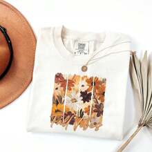 Women Boho Autumn Graphic Tee, Fall Vibes Floral Panels Painted Flower Print Casual Top, Cute Fall Season Gift, Fast Local Delivery - White - View 9