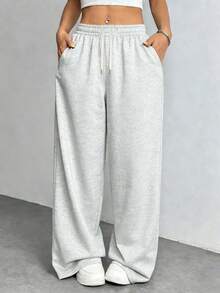Women's Straight Leg Casual Sweatpants, Fashionable Minimalist Elastic Waist With Side Pockets Sports - Light Grey - View 1