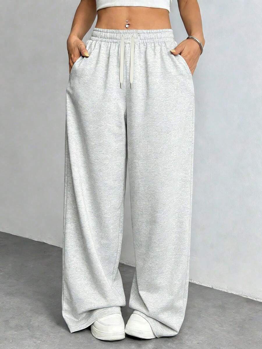 Women's Straight Leg Casual Sweatpants, Fashionable Minimalist Elastic Waist With Side Pockets Sports - Light Grey - View 1