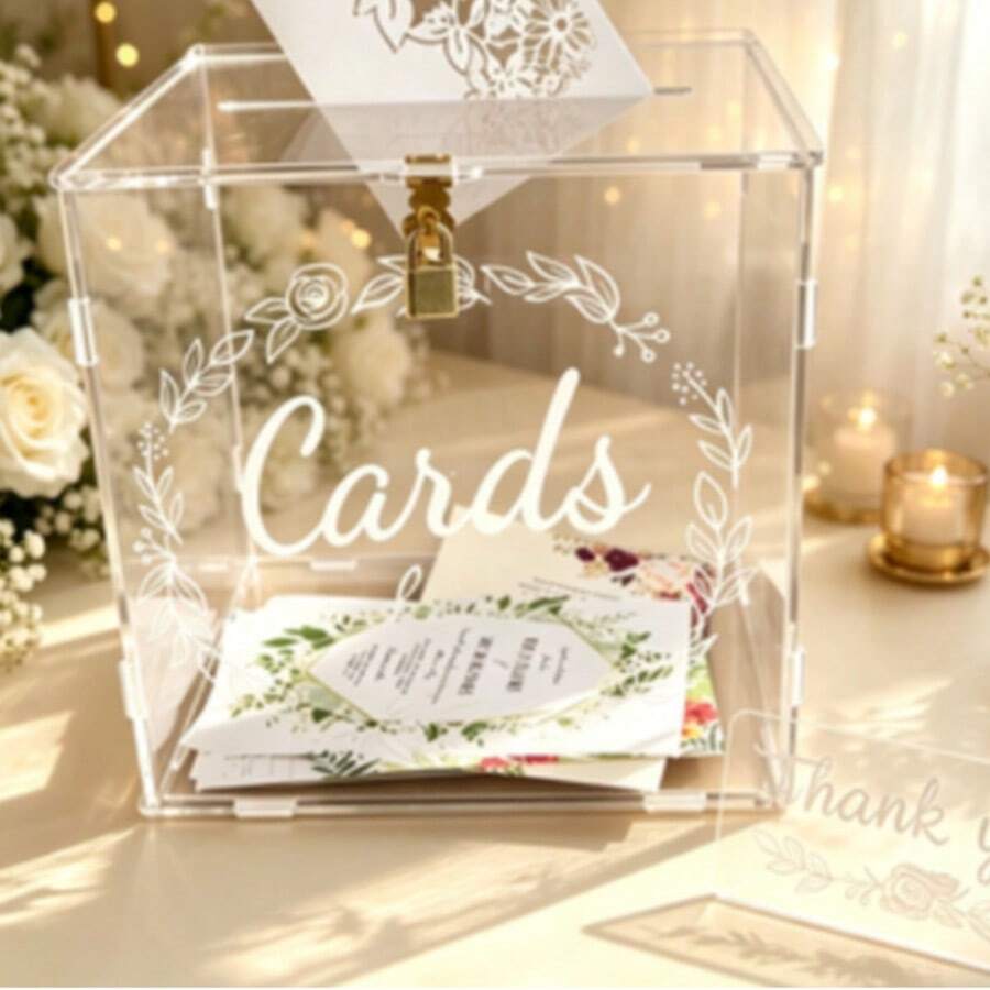 1PC 1PC Customized Card Box, Transparent Wedding Box With Lock And Slot, Sturdy Support, Decorative Gift Card Envelope Collection Box, Suitable For Wedding Occasions - Clear - View 1