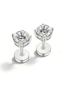 KAHOOT 1 Pair Hypoallergenic 925 Sterling Silver Moissanite Stud Earrings, Minimalist Versatile, Unisex Style, Suitable For Daily Wear - Silver - View 5