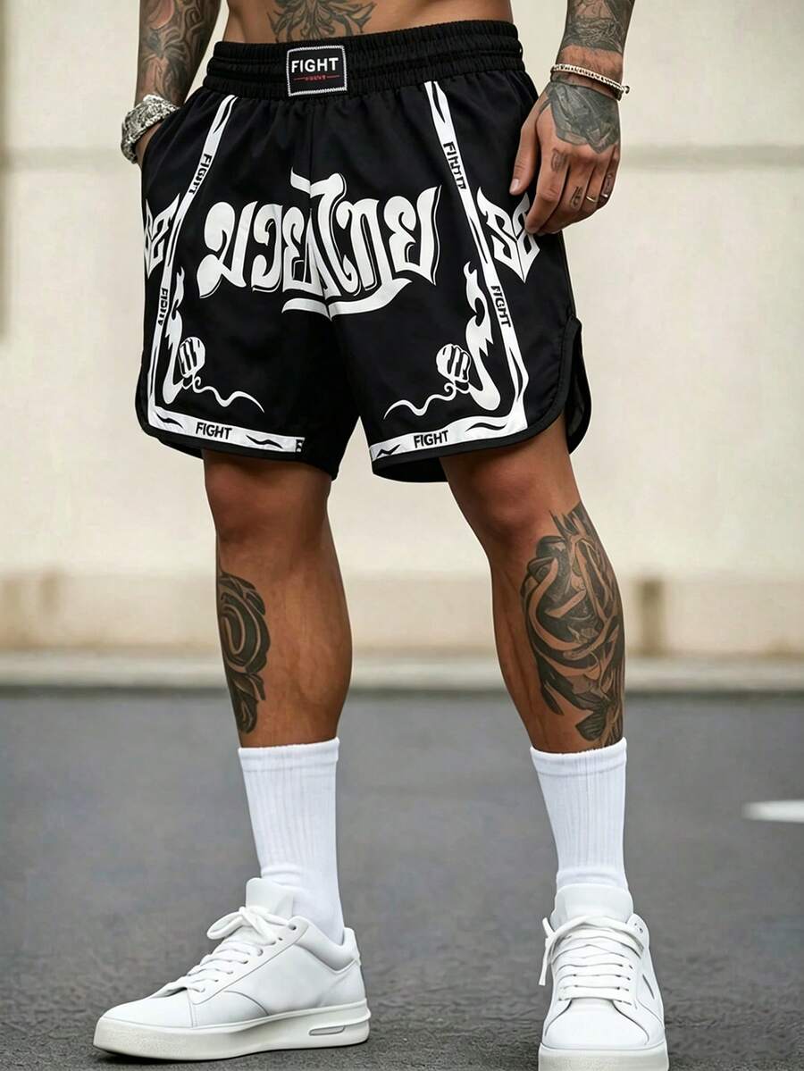 Men's Black Boxing Shorts - Graphic Print Training Shorts With Elastic Waistband, Combat Sports & Gym Workouts Summer - Black - View 1