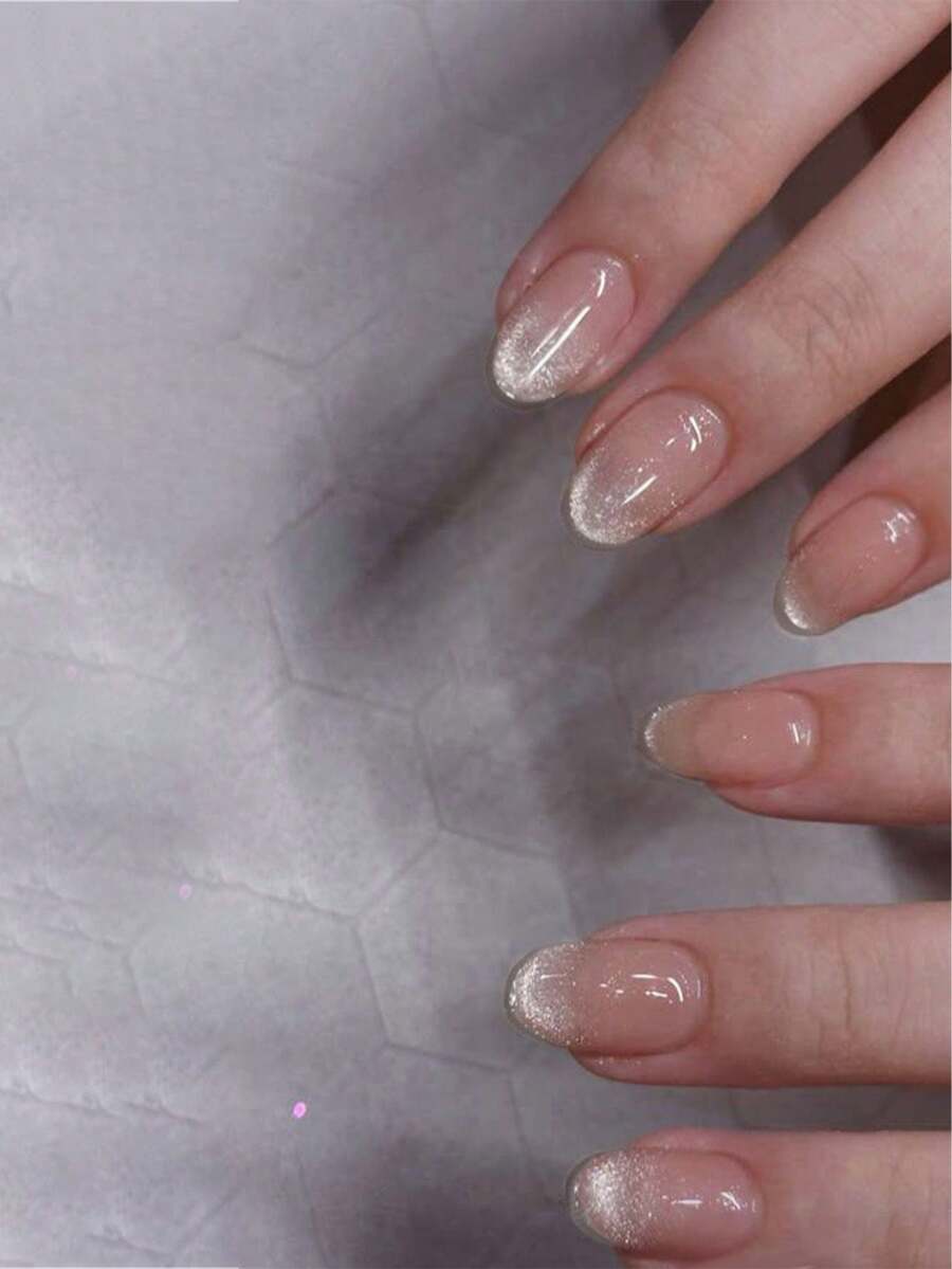 24pcs Y2K Short Oval Lotus Pink Cat Eye Press-On Nails, Glitter French Nails, Acrylic Fake Nail Set, Includes 1pc Jelly Glue And 1pc Nail File, Suitable For DIY Use. - Multicolor - View 1