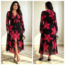 Chic Plus Size Women's Long Sleeve Fall Floral Print Dress With Deep V Neck And Slit For An Elegant Look - Black and Red - View 1