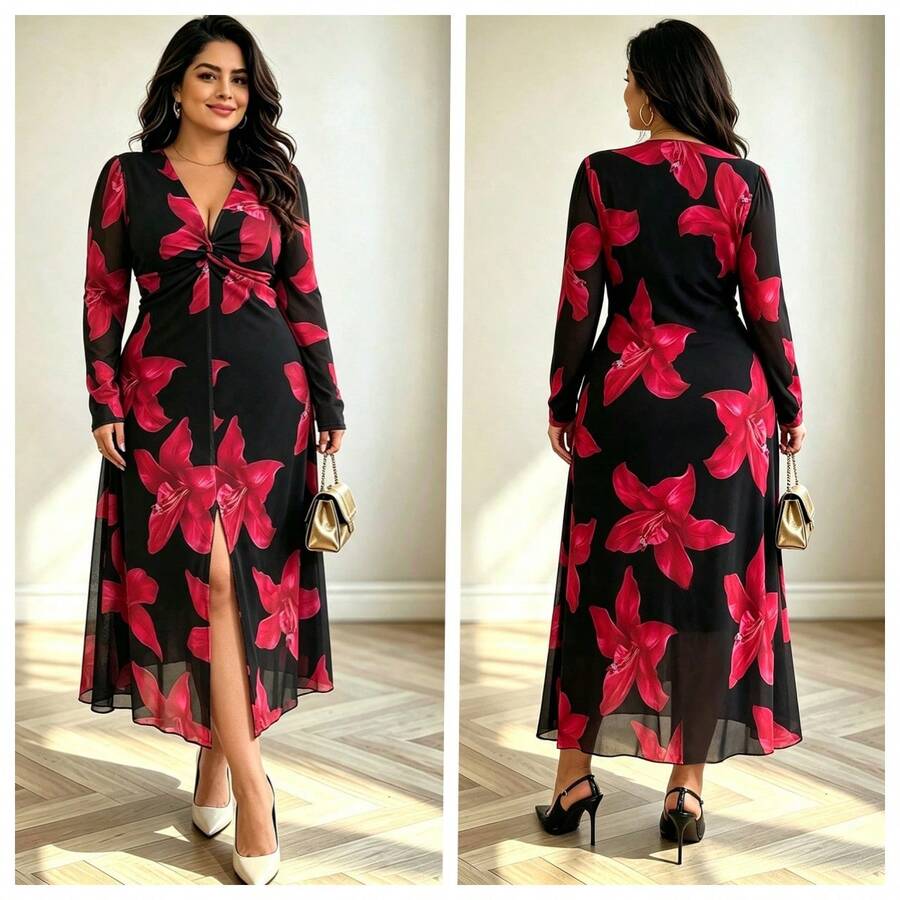 Chic Plus Size Women's Long Sleeve Fall Floral Print Dress With Deep V Neck And Slit For An Elegant Look - Black and Red - View 1