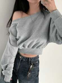 Women's Casual Long Sleeve Cold Shoulder Loose Fit Versatile Sweatshirt Tops, Niche Style, Autumn/Winter - Grey - View 1