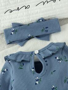 1pc Newborn Baby (Girl) Cute Comfortable Waffle Print Peter Pan Collar Long Sleeve Romper With Headband, Thin Spring/Autumn - Blue - View 4