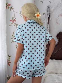 2pcs Women's Satin Polka Dot Short Sleeve Lapel Top And Bow Shorts Pajama Set, Spring/Summer - Baby Blue - View 2
