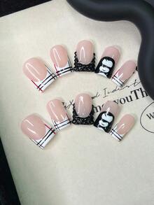 10pcs/Set Y2K Nails Handmade, Pink Nails, French Tip Nails, Black Rhinestone Nails & Stripe Nails, Cute Nails, Perfect For Parties & Daily Wear. Short Square Nails. Handmade Press On Nails Square, Fake Nails, Acrylic Nail, Short Nails, Handmade Nails - Multicolor - View 11
