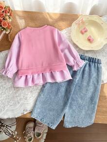 2pcs Baby Girl Casual Preppy Style 3D Flower Long Sleeve Striped Patchwork Ribbed Sweatshirt & Embroidered Denim Pants Set, Thin For Spring/Autumn - Pink - View 2