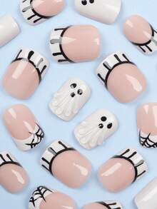 24PCS Short Square Fake Nails Halloween Series Black And White French Spider Web Ghost Drops Nail Alloy Acrylic Pressure On Nails Gel Nail Nail Supplies Nail Set (Attached: 1pc Jelly Glue & 1pc Nail File) Suitable For Women's Daily Dating - Black and White - View 4