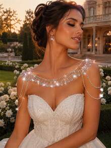 1PC Shiny Elegant Rhinestone Shoulder Chain, Bridal Wedding Banquet Party Glamorous Body Chain, Women's Fashion Jewelry Accessory - Silver - View 2