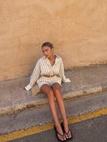 Roviva Women's Autumn/Spring/Summer New Bohemian Vintage Striped 2 Pieces Set, Button-Down Striped Shirt + Striped Mini Skirt, Suitable For Beach, Party, Outdoor Street Photography, Daily Wear, Dating, Back To School, Teacher's Day, Commuting, Office, Casual Vacation, Music Festival - Brown - View 4